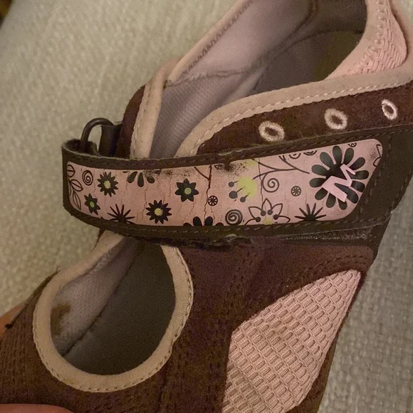 Merrell Brown Suede and Blush Pink Floral Velcro Aqua Lined Girls Size 1 - Picture 9 of 14